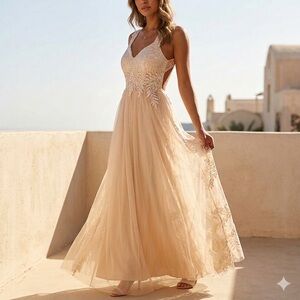 Maniju Katielle Romantic Tulle Appliqué Open Back Gown Statement sheer Mesh L